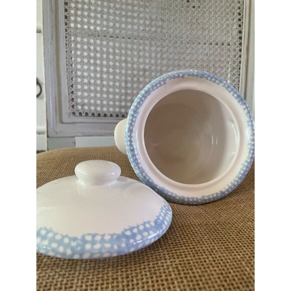 Vintage Spongeware, Cottagecore Blue Heart Lidded Jar, Sugar, Kitchenware, 4 1/4 - Picture 3 of 5